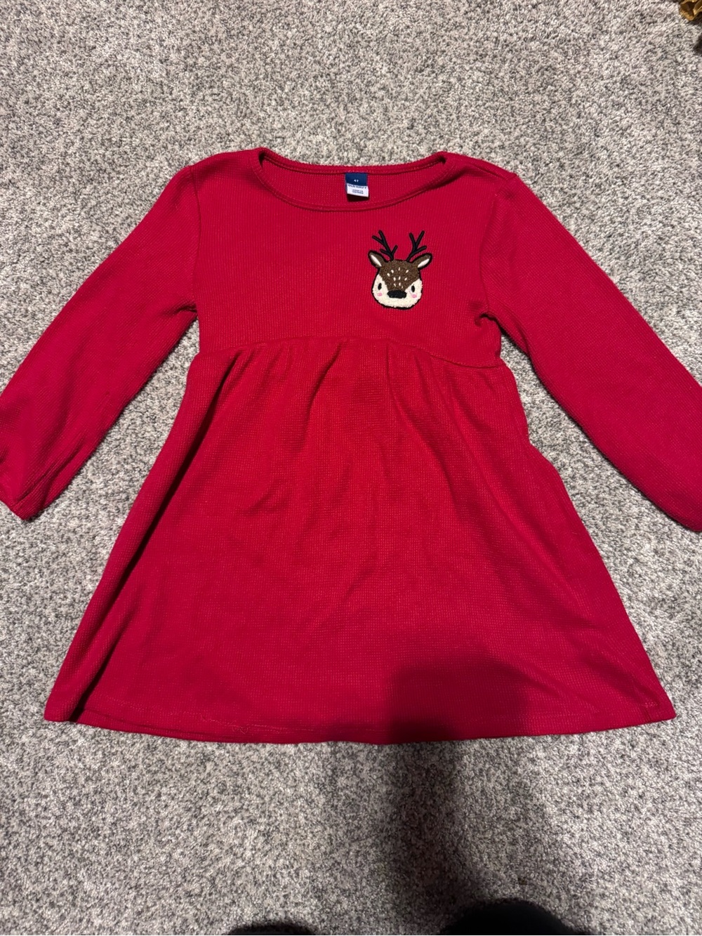 Old Navy Red Long-Sleeve Deer Appliqué Knit Dress